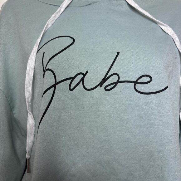 SHEIN Medium Babe Cropped Hoodie Sage Green Script Pullover - Picture 2 of 4